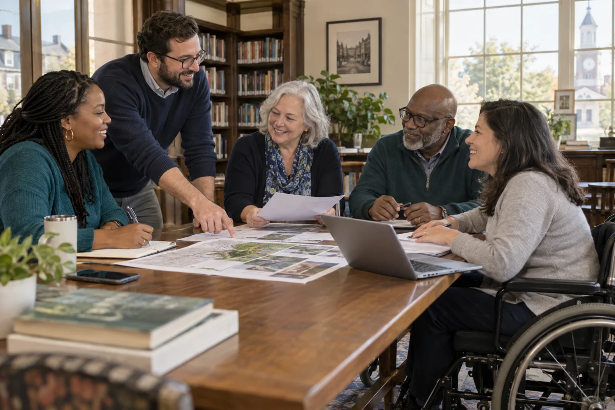A diverse civic group planning a community event in a library